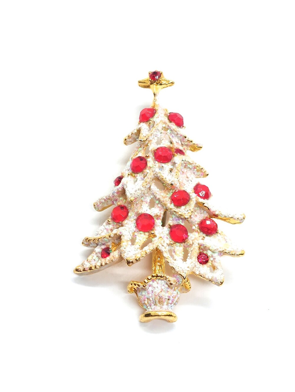 Vintage White Christmas Tree Brooch Pin Red Rhinestones Glitter Holiday